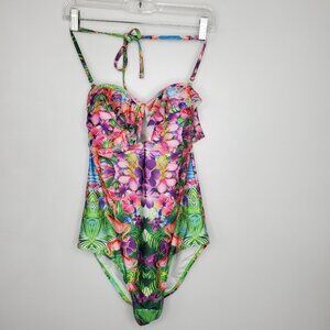 OP Tropical Floral One Piece Swimsuit With Ruffle NEW NWT L/G (11-1) Juniors